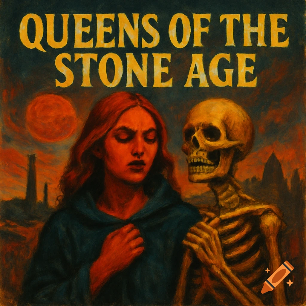 Painterly album cover art featuring a woman and a skeleton in a dark landscape with a red sun and text 'QUEENS OF THE STONE AGE'.