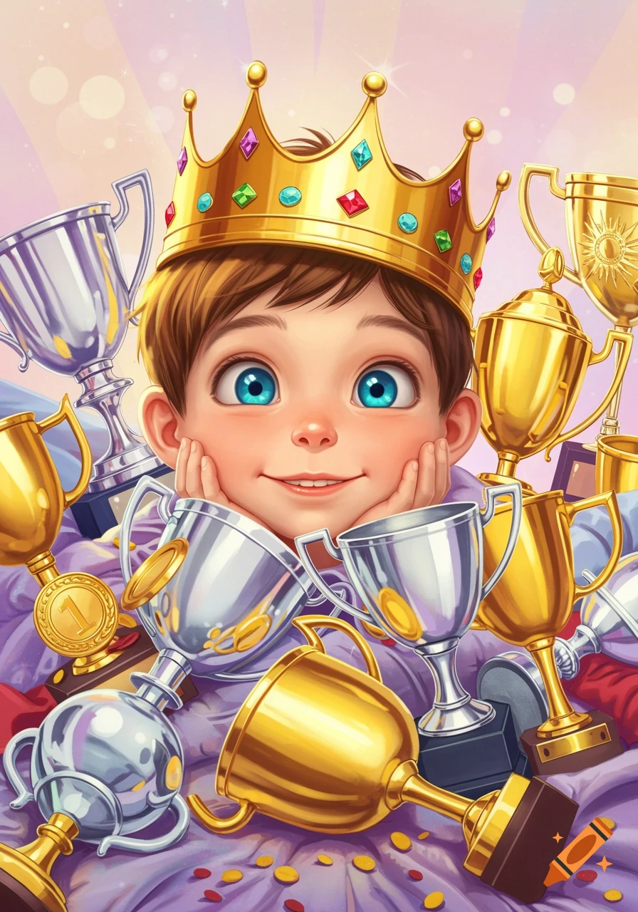 A young boy wearing a golden crown smiles proudly, surrounded by many shiny silver and gold trophies.