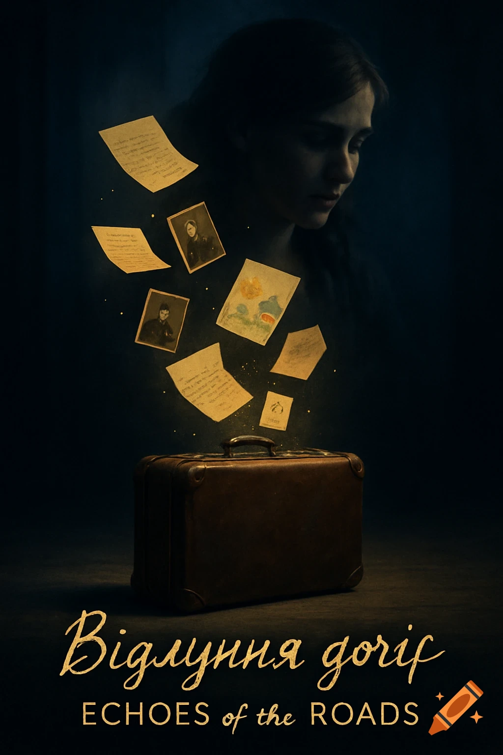 Cinematic theatre poster with a suitcase, floating papers and photos, and a woman's silhouette.