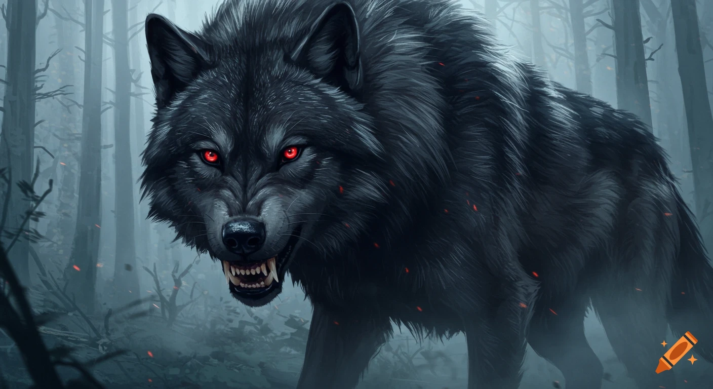 A black wolf with glowing red eyes in a misty forest on Craiyon