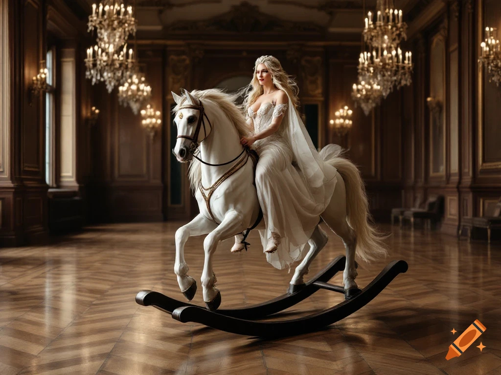 A woman in a white dress rides a rocking horse in a grand ballroom.