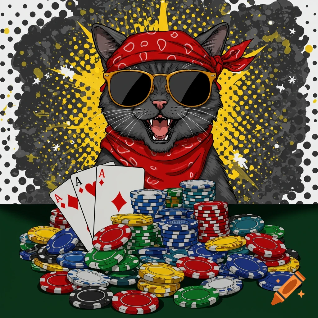 Illustration of a cool cat in a bandana and sunglasses with poker chips and ace cards.
