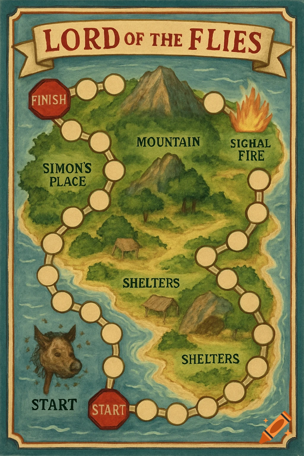 A watercolor-style board game map based on Lord of the Flies, depicting an island with a path of spaces, labeled locations like Simon's Place, Mountain, Shelters, and Signal Fire, with Start and Finish spaces and a boar's head illustration.