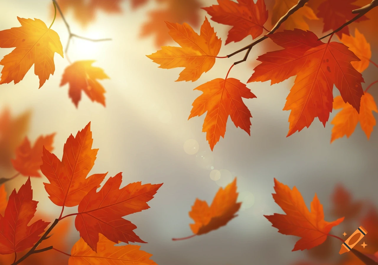 Orange and yellow autumn leaves on branches with sunlight