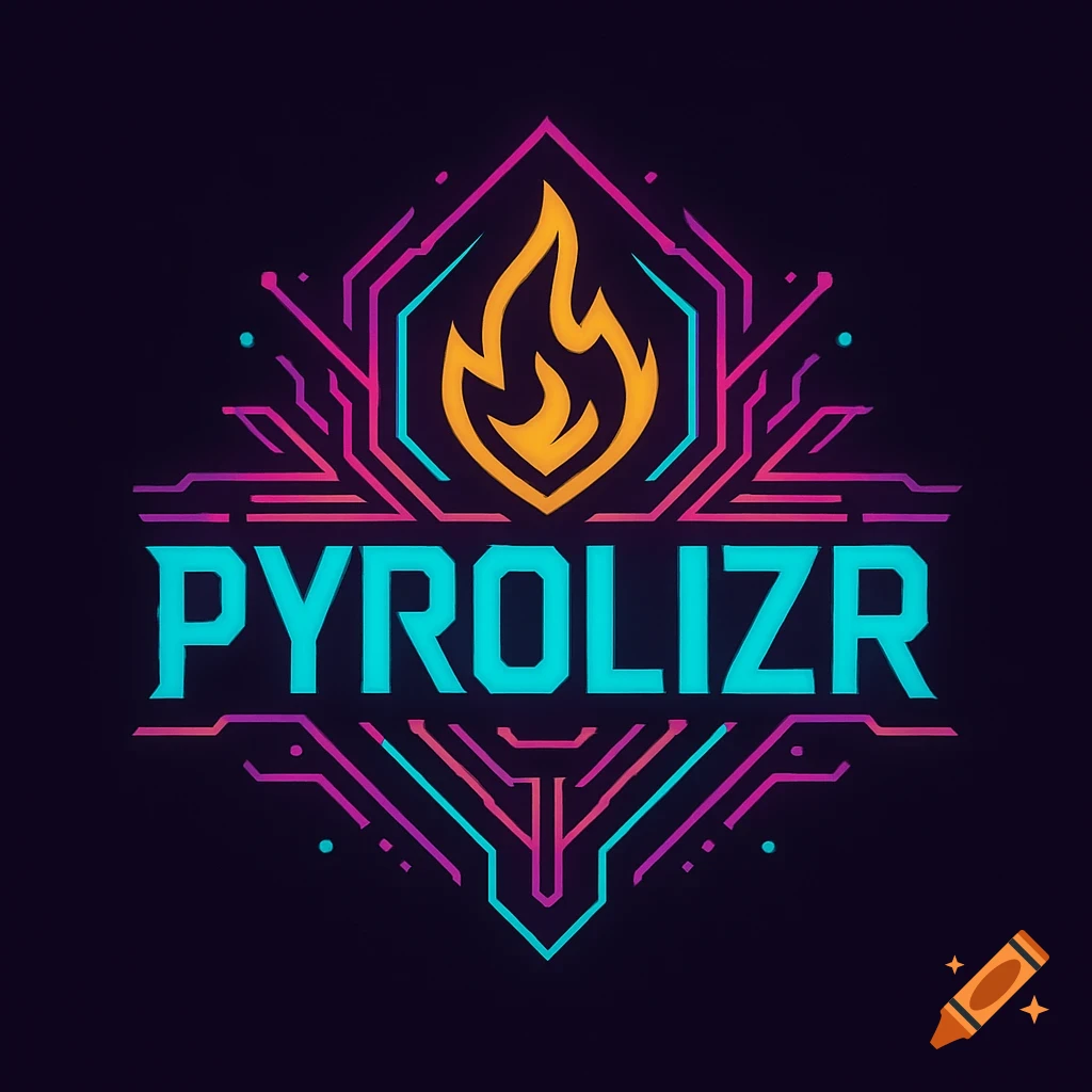 A cyberpunk vector logo with a flame icon above the word "PYROLIZR", surrounded by circuitry lines.