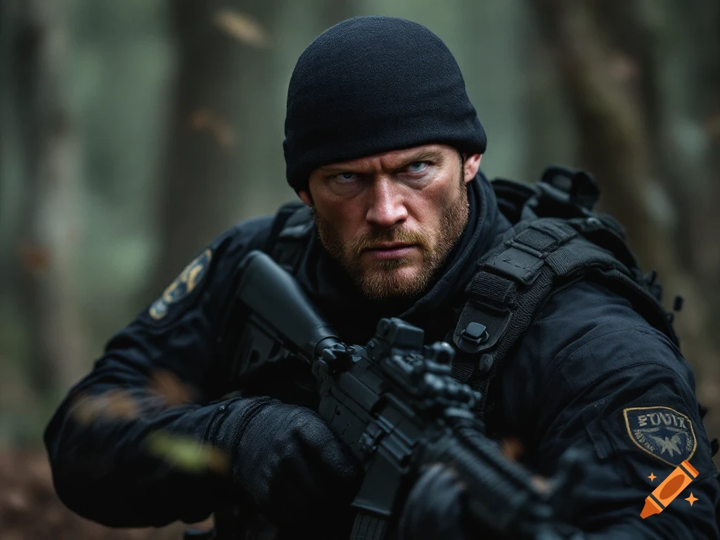 Photorealistic tactical officer with rifle in a forest