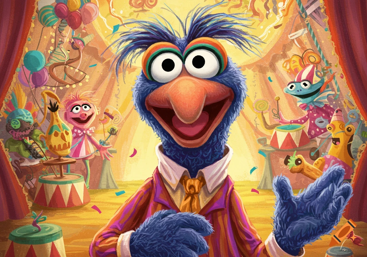 Gonzo the Muppet in a suit at a colorful circus party with other characters and confetti.