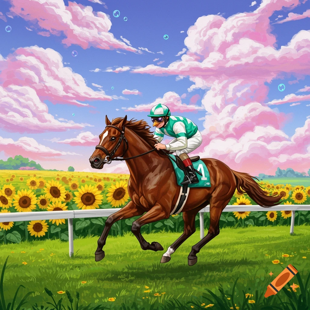 A chicken jockey rides a racehorse past a field of sunflowers.