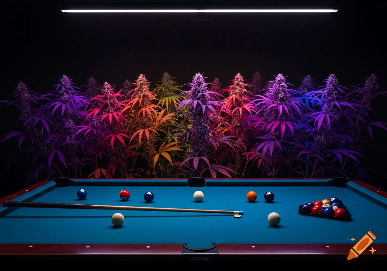 A pool table with balls and cue is in the foreground, with a background of colorful cannabis plants under a light bar.