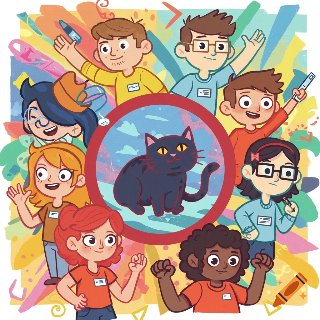 Cartoon illustration of diverse people surrounding a black cat in a circle, with a colorful abstract background.