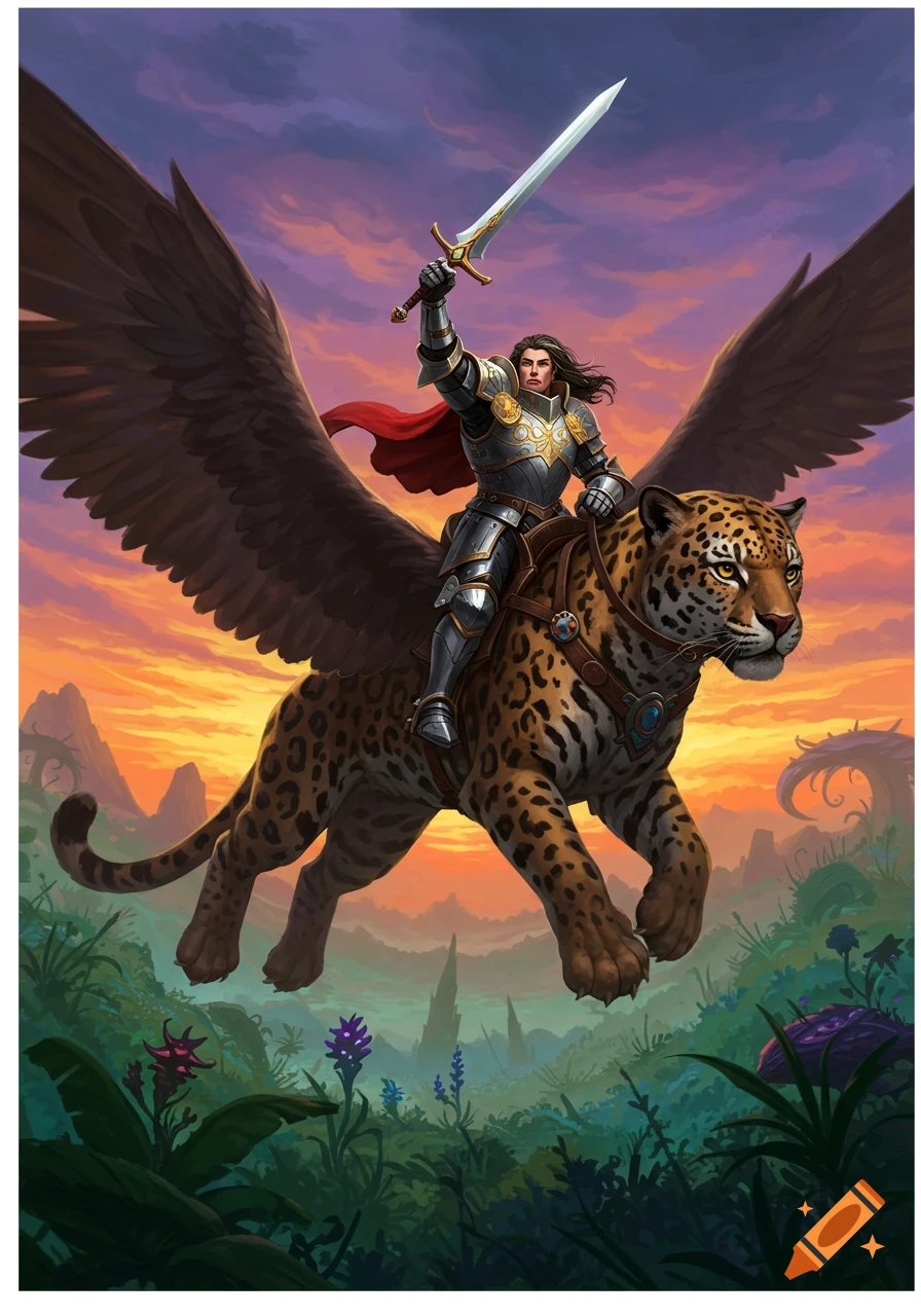 A knight rides a winged jaguar over a jungle landscape at sunset. on ...