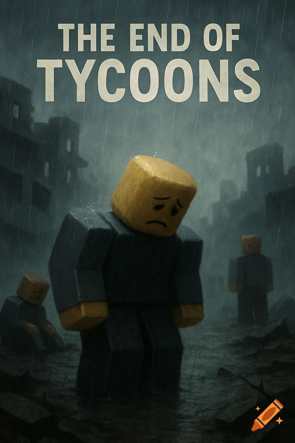 Sad block characters in rain amidst rubble with text 'THE END OF TYCOONS'.