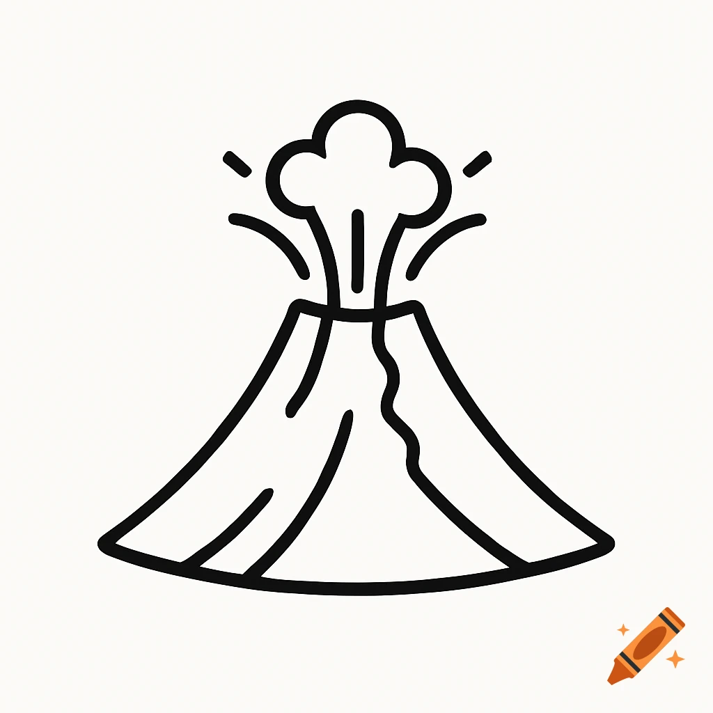 A black line drawing of a volcano erupting.