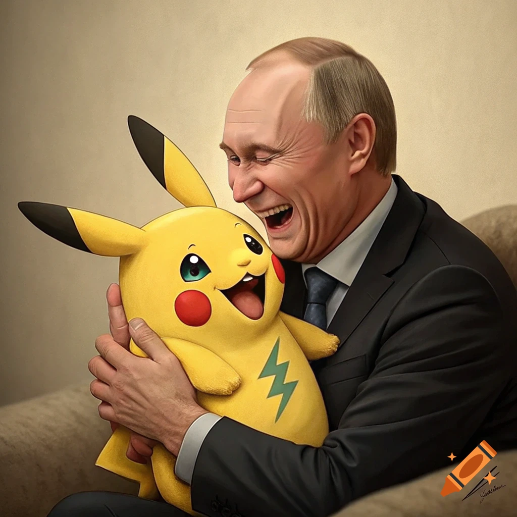 Vladimir Putin laughs while hugging a Pikachu toy