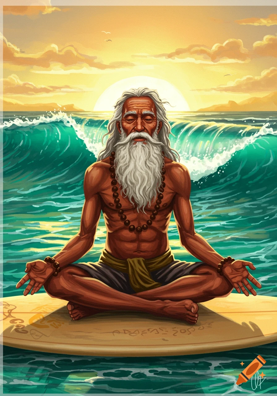 Old guru meditates on a surfboard in the ocean at sunset in a digital painting style.