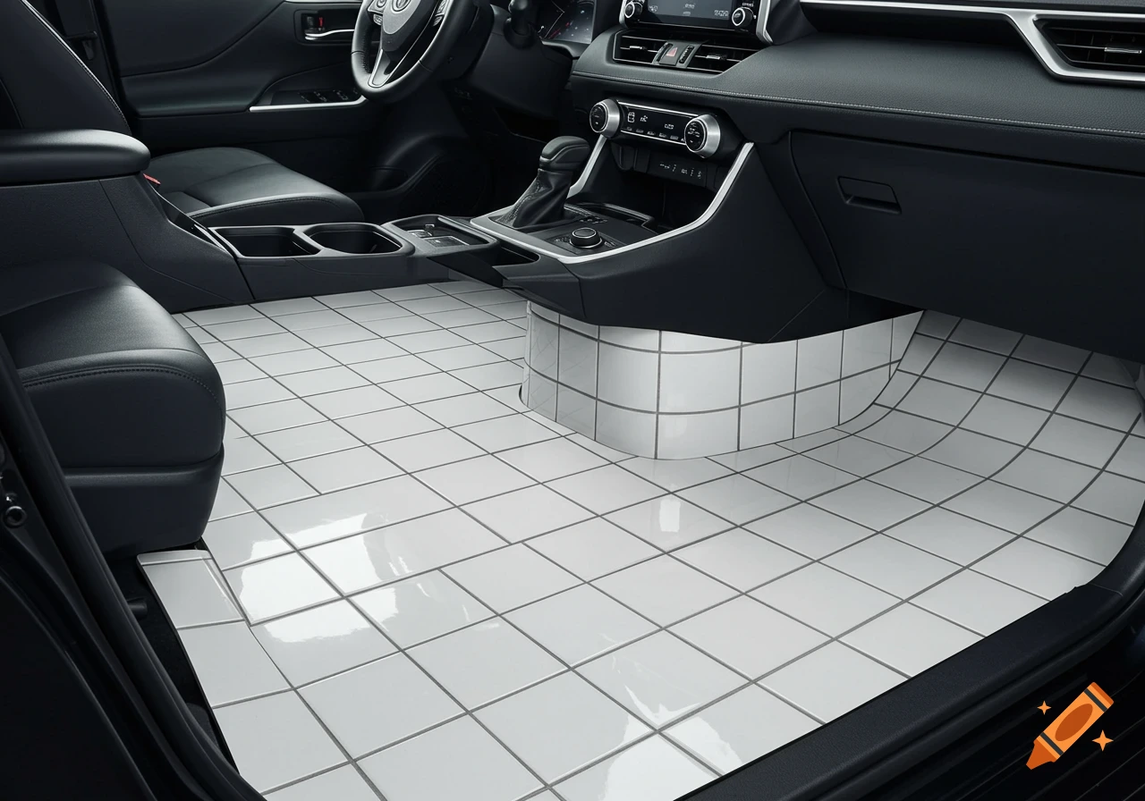Car interior with white tile flooring instead of floor mats.