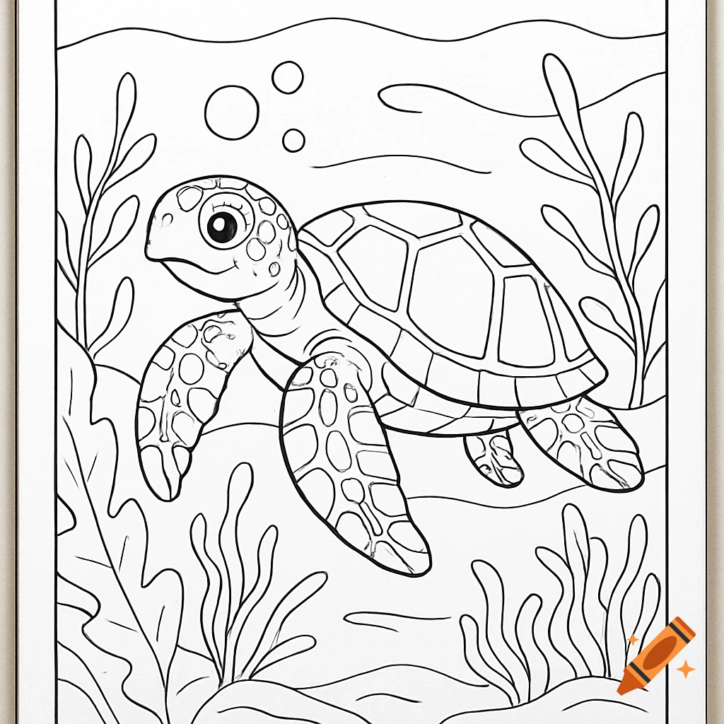A black and white coloring page shows a cartoon turtle swimming underwater with seaweed and bubbles.