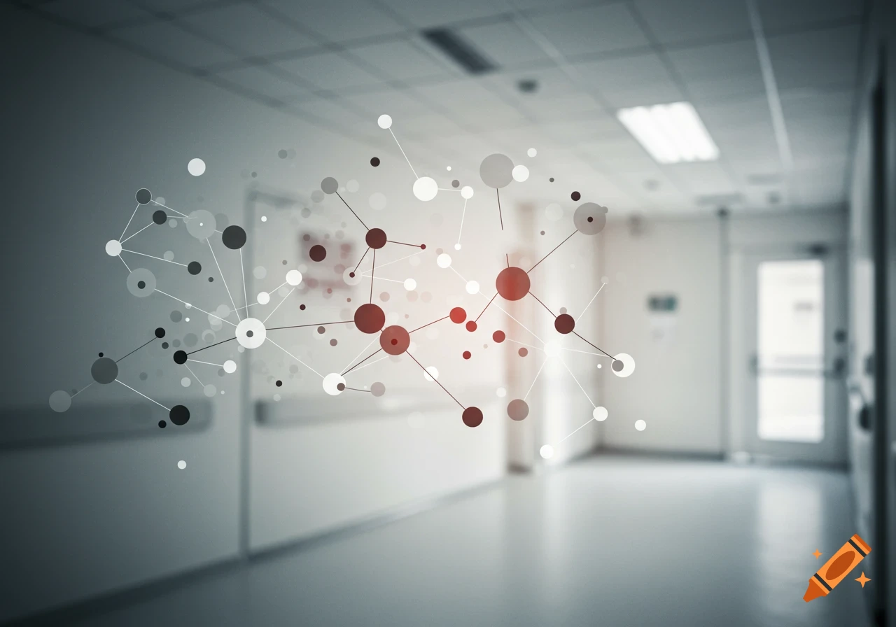 A graphic of interconnected nodes overlaid on a blurred hospital corridor background.