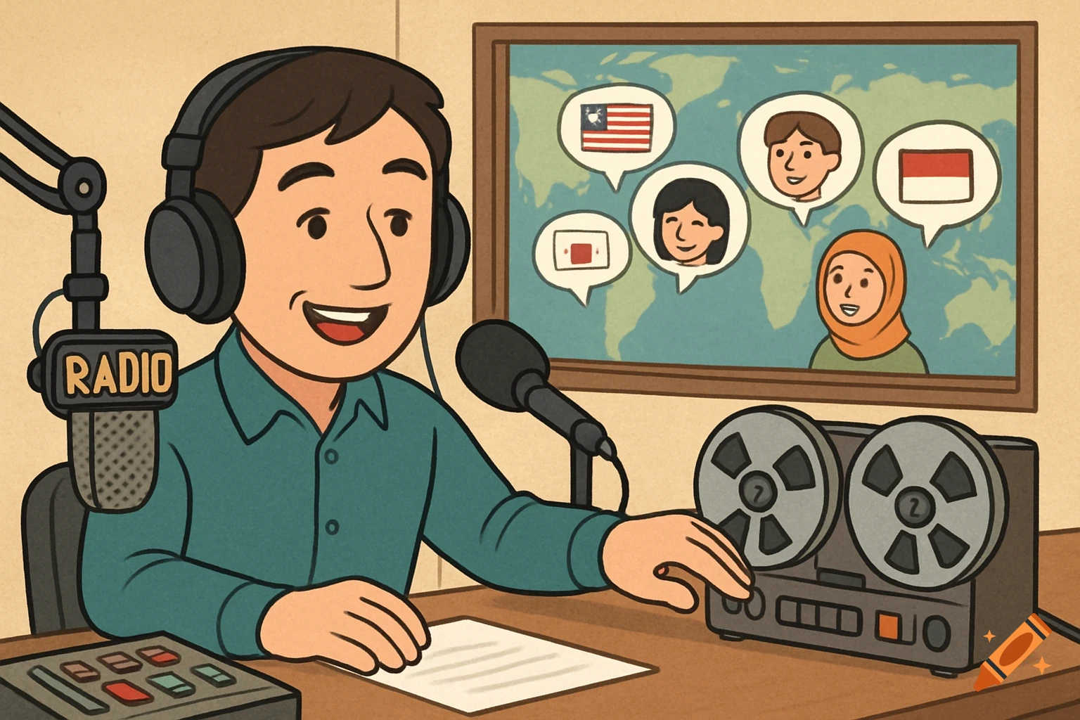 Cartoon man with headphones at a radio desk with microphone and tape recorder, map with flags and faces in speech bubbles behind him.