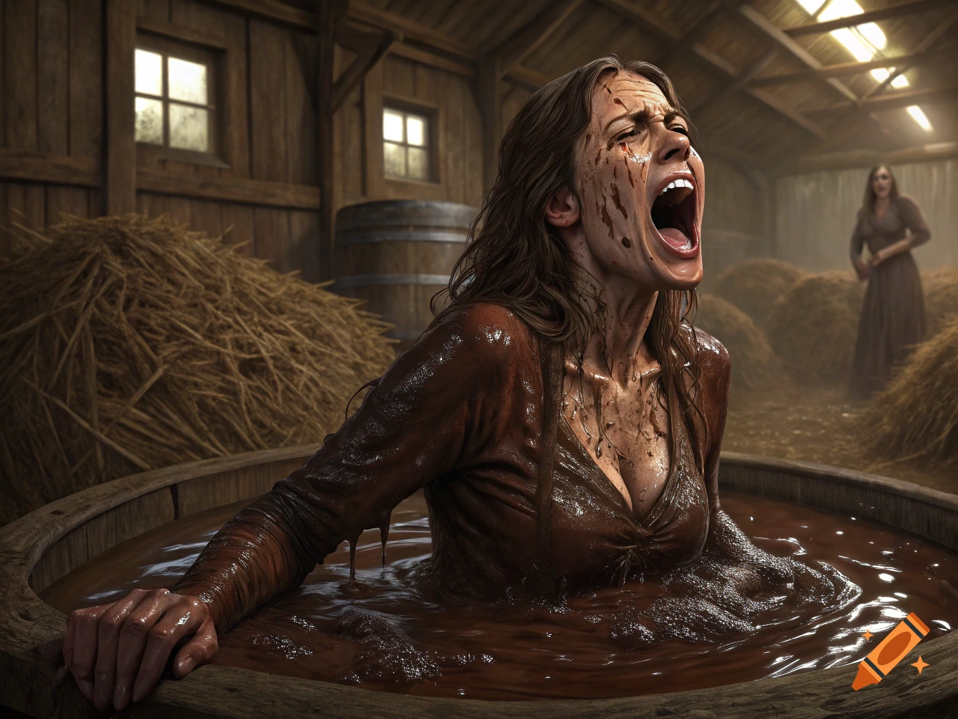 Woman covered in dark substance screams in a barn.