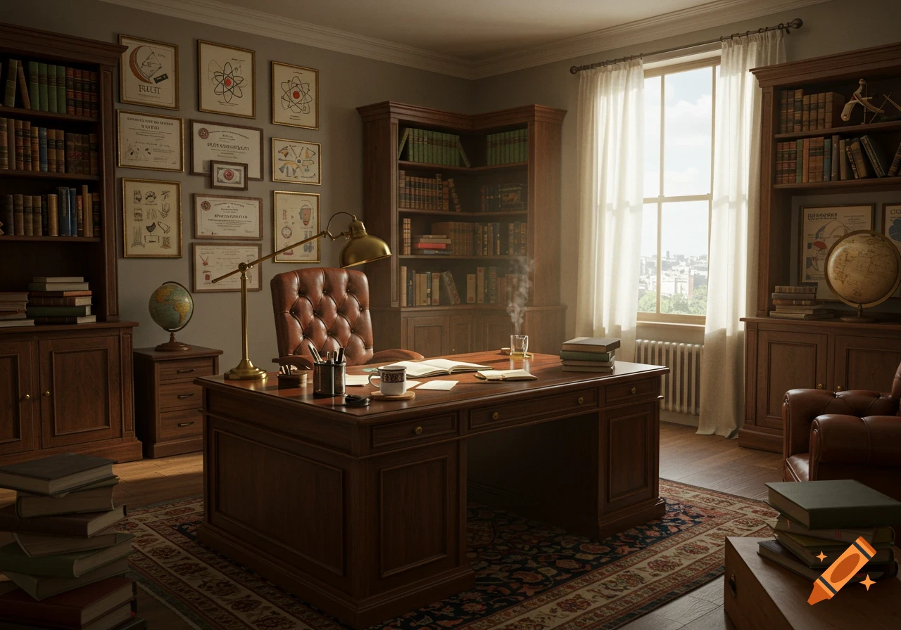 Realistic image of a classic professor's office with a leather chair, large desk, bookshelves, globe, and framed academic diagrams.