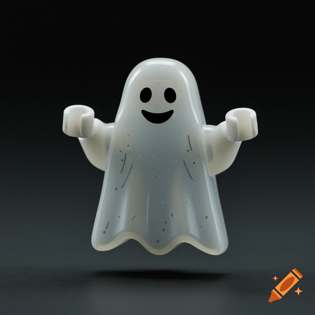 A white Lego ghost figure with a happy face floating on a dark background.