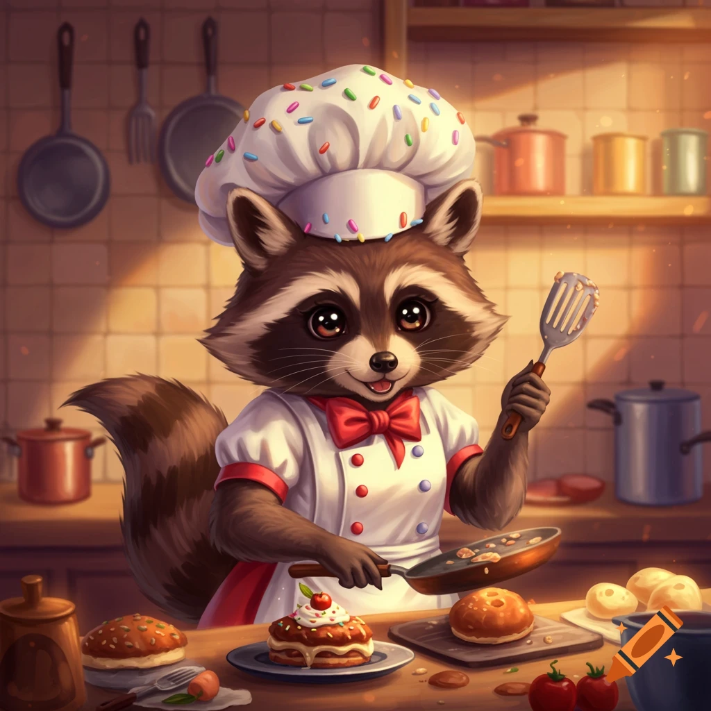 A cute cartoon raccoon chef holding a spatula and frying pan in a kitchen.