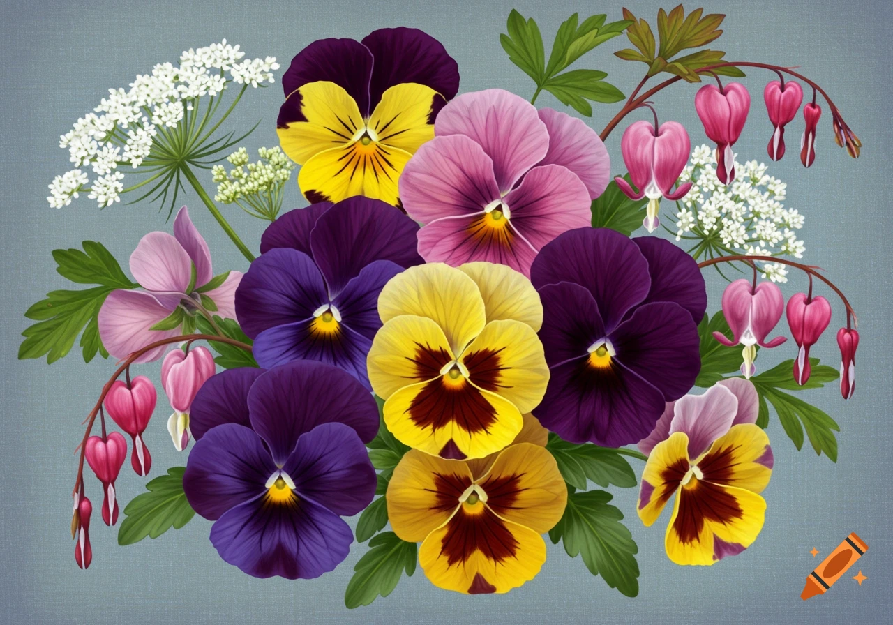 A bouquet of pansies, bleeding hearts, and Queen Anne's lace flowers.