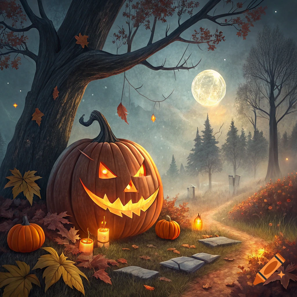 Large glowing jack-o'-lantern under a tree with pumpkins, leaves, candles, a full moon, and pathway in a spooky autumn scene.