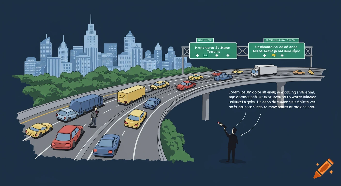Cartoon illustration of highway traffic leading to a city skyline at night.