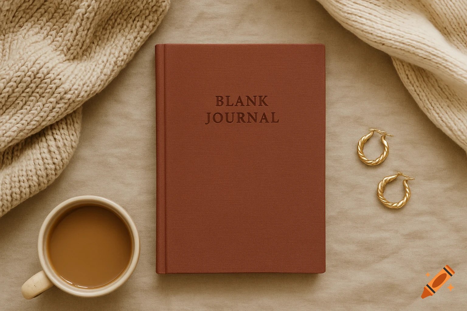 A flat lay of a blank journal, a cup of coffee, and gold hoop earrings on a beige background.