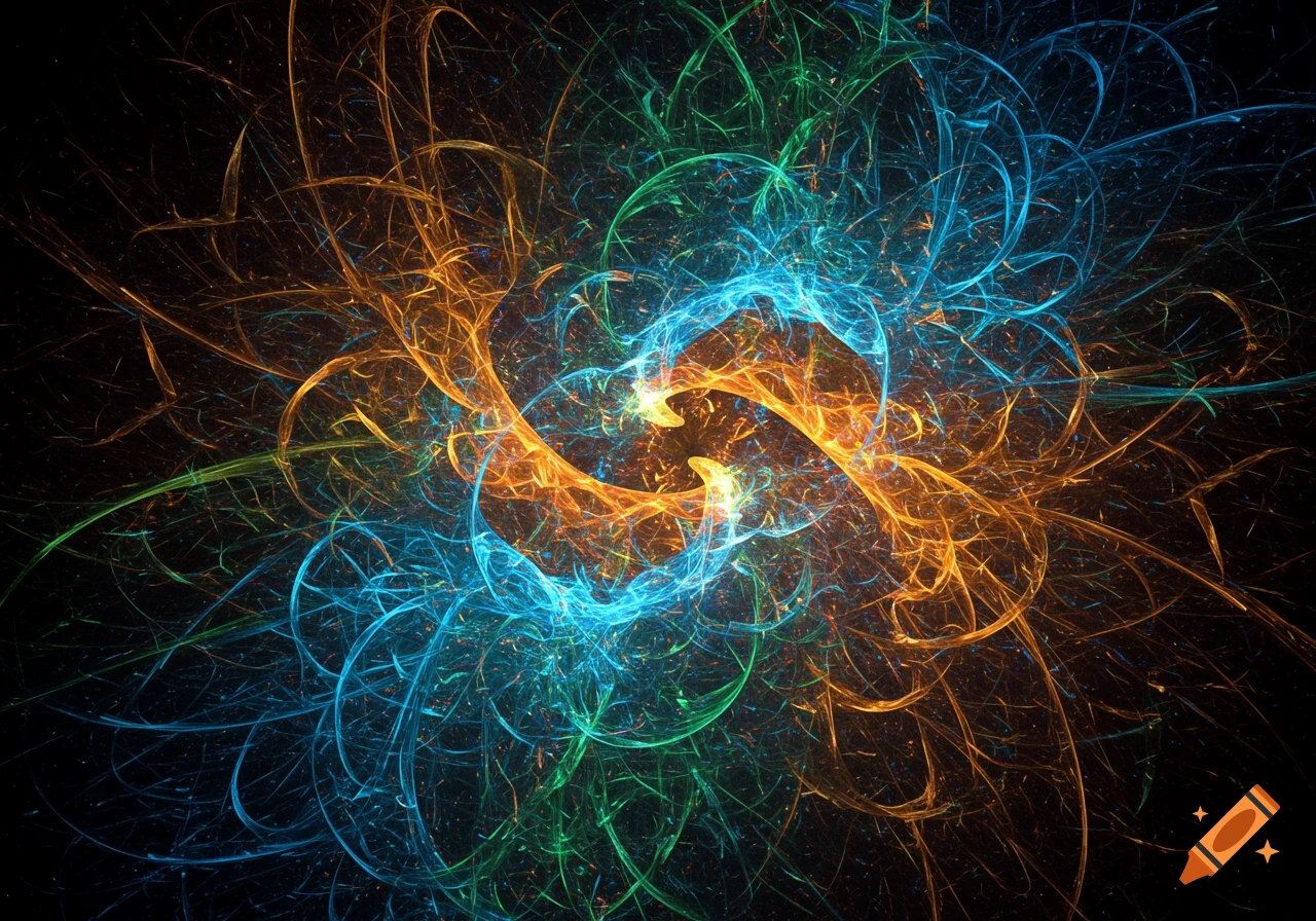 Abstract fractal art with swirling orange, blue, and green lines on a black background.