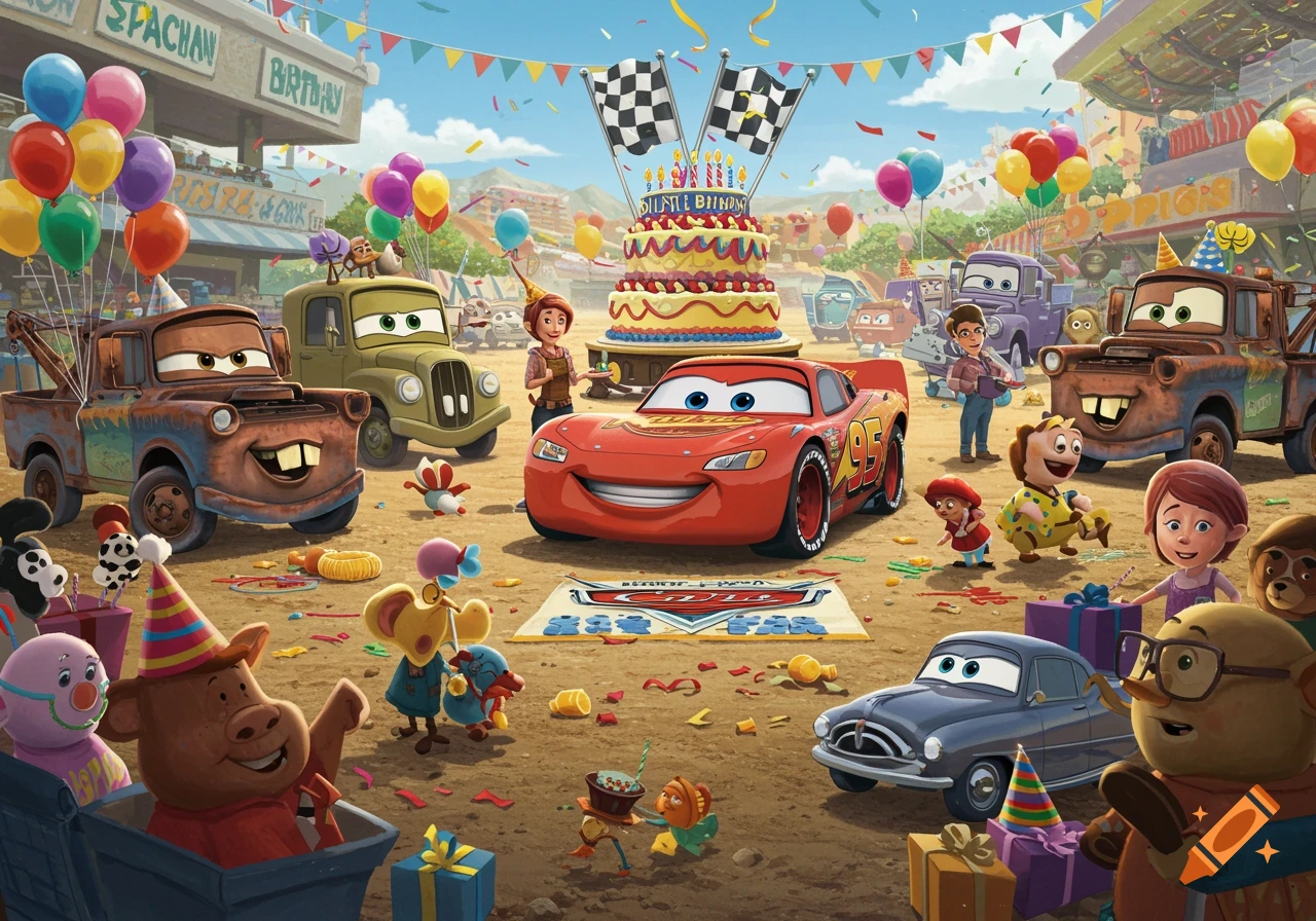 Animated scene of Lightning McQueen and Mater at a birthday party with a large cake, balloons, and other characters.