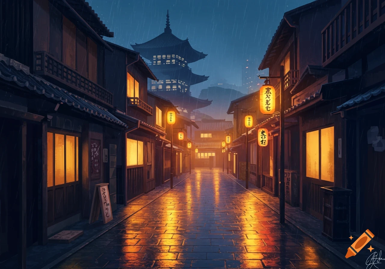 Rainy Japanese street at night with lanterns, traditional buildings, and a pagoda in the background, in an anime style.
