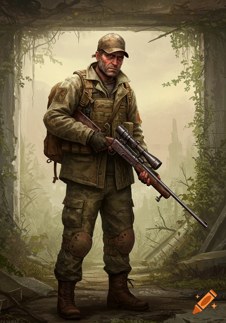 Man in tactical gear holding a rifle in a ruined, overgrown post-apocalyptic environment.