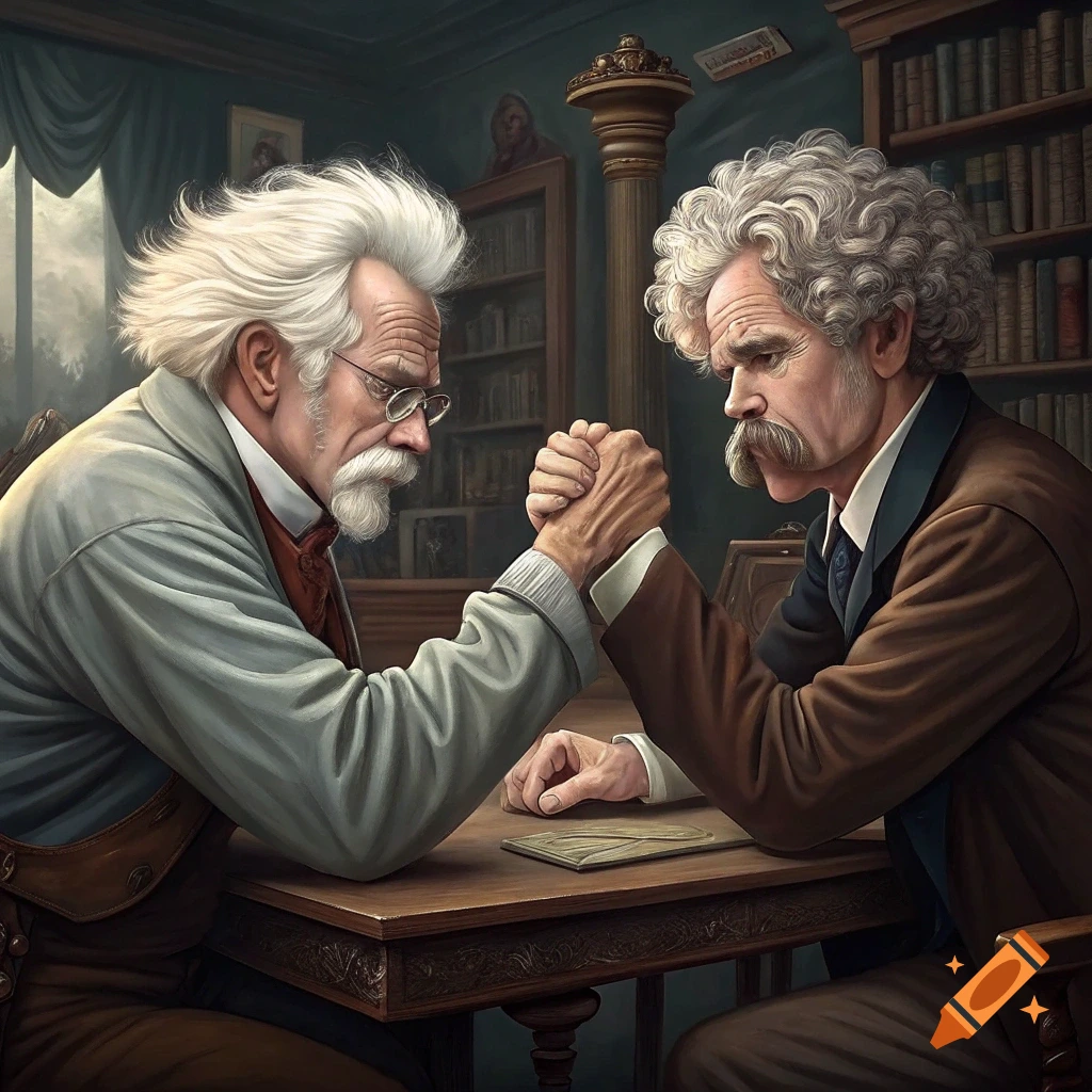 Two men resembling Mark Twain and Albert Einstein arm wrestling at a table in a library, digital painting.