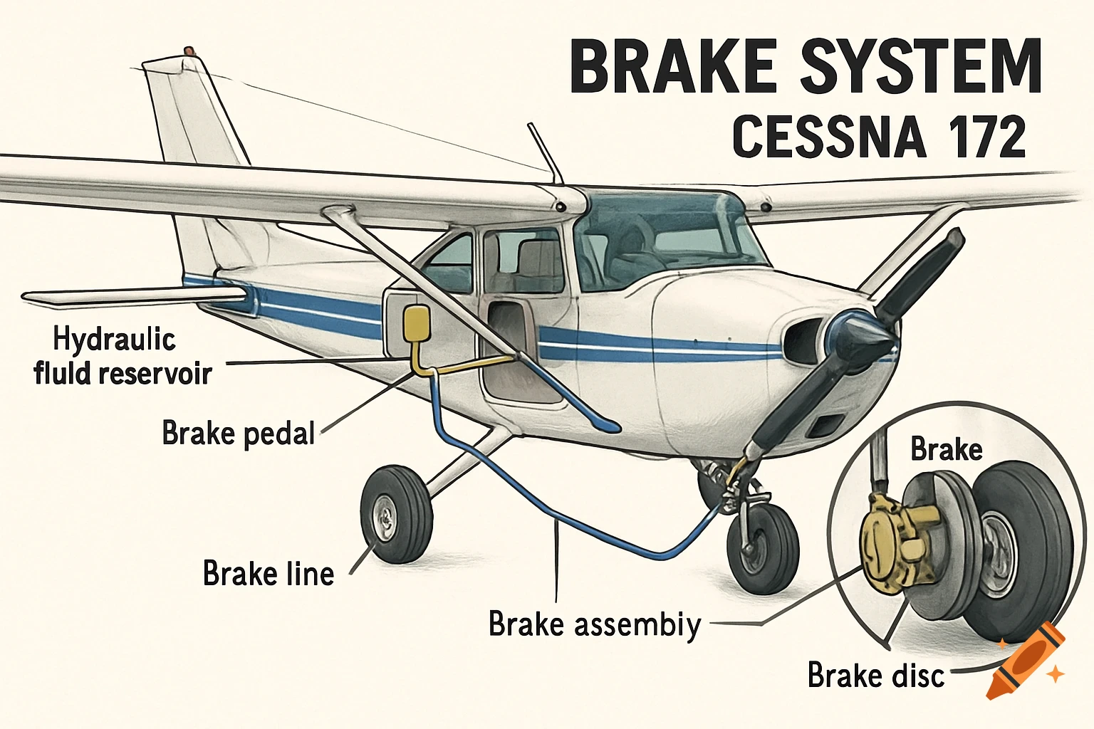 Technical illustration of a Cessna 172 aircraft brake system with labeled components.
