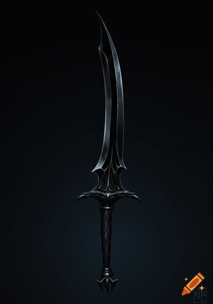 A dark fantasy sword with a gleaming black, hooked blade.