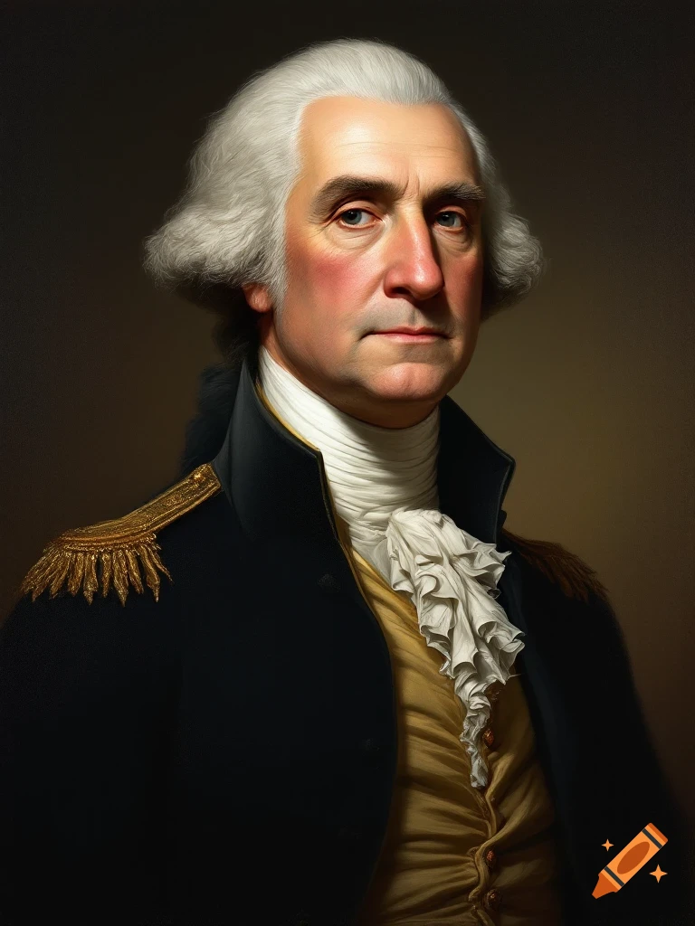 Photorealistic portrait of George Washington in historical military attire.