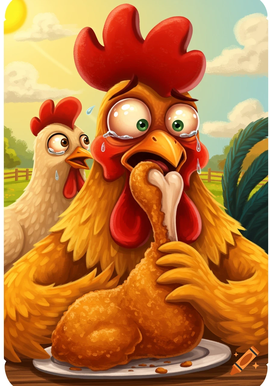 Cartoon chickens crying as one eats a fried chicken leg on a farm.