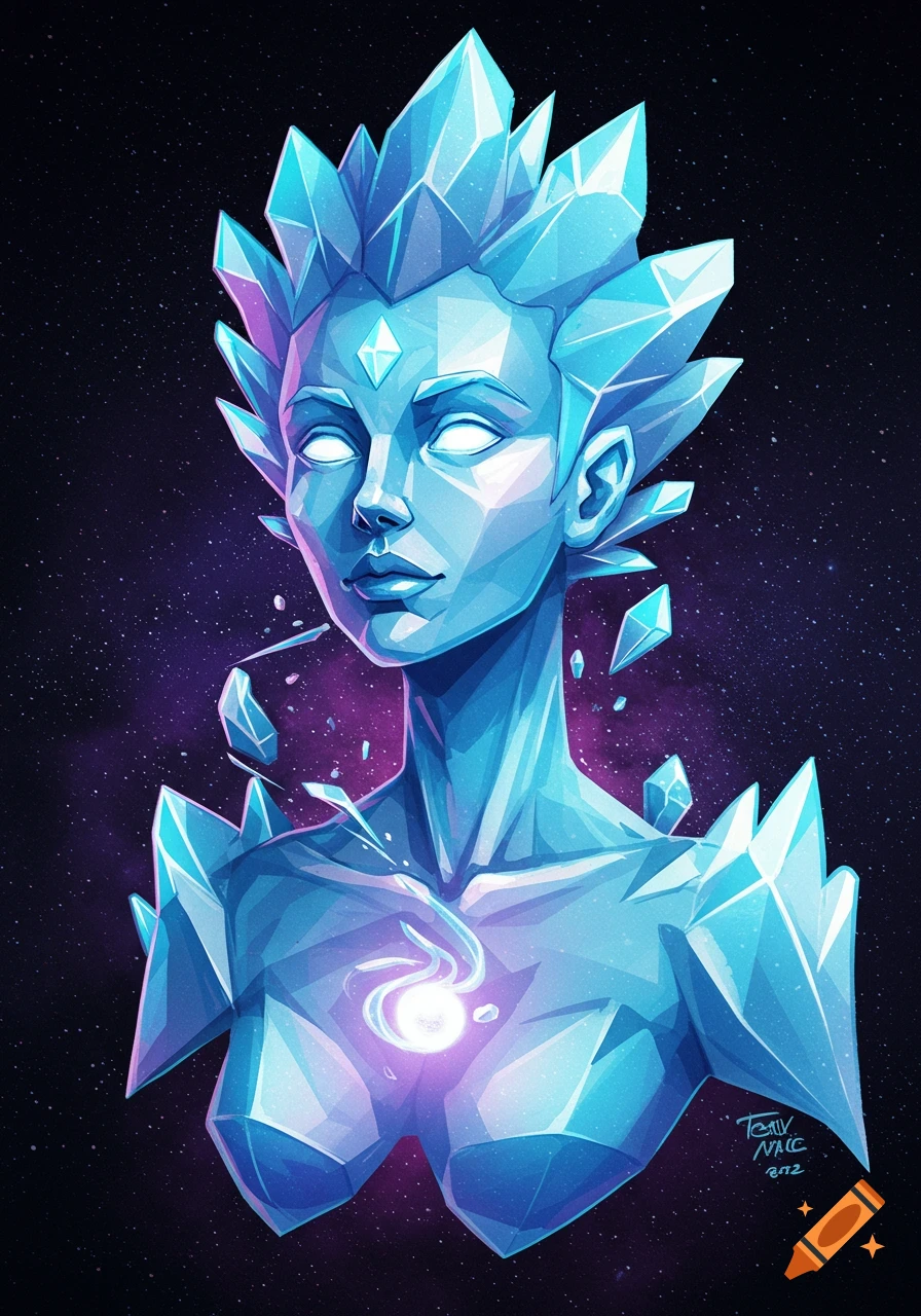 A figure made of blue crystals against a starry space background.