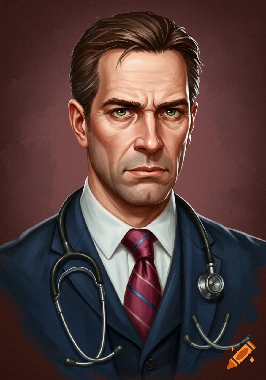Illustration of a serious man dressed as a doctor with a stethoscope