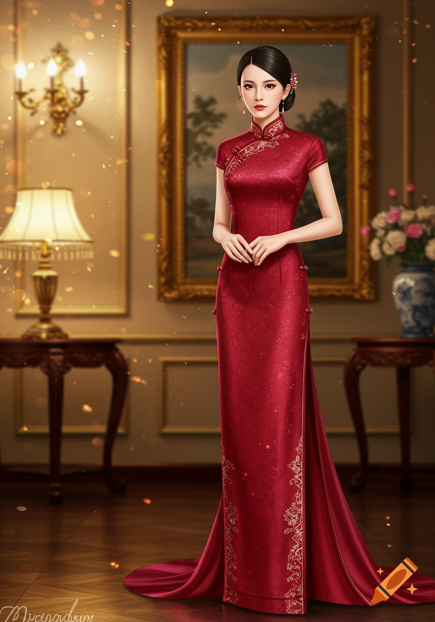 Woman in a ruby colored Cheongsam formal dress standing in an ornate room.