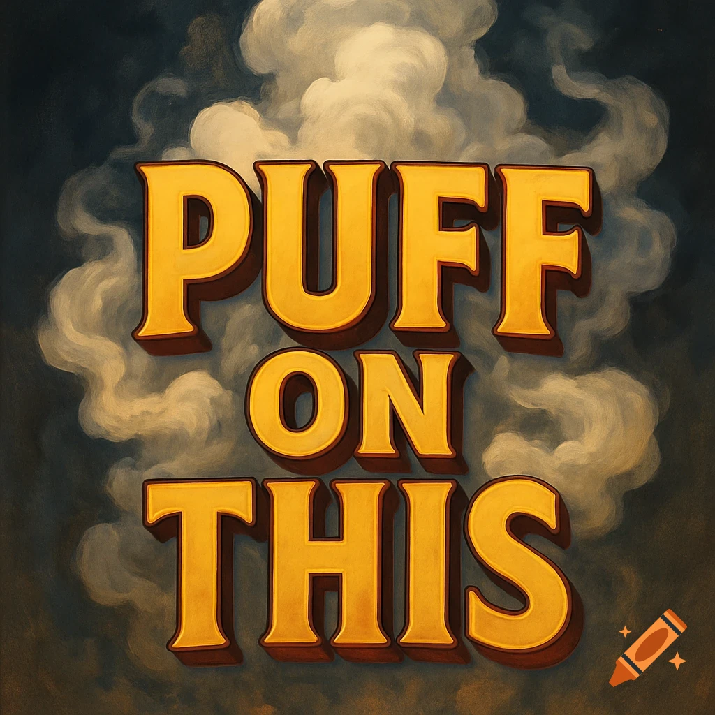 Large orange text 'PUFF ON THIS' with smoke behind it.