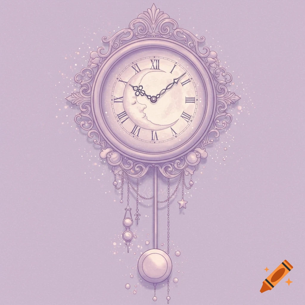 A dreamy illustration of a baroque-style wall clock with a crescent moon face and pendulum.