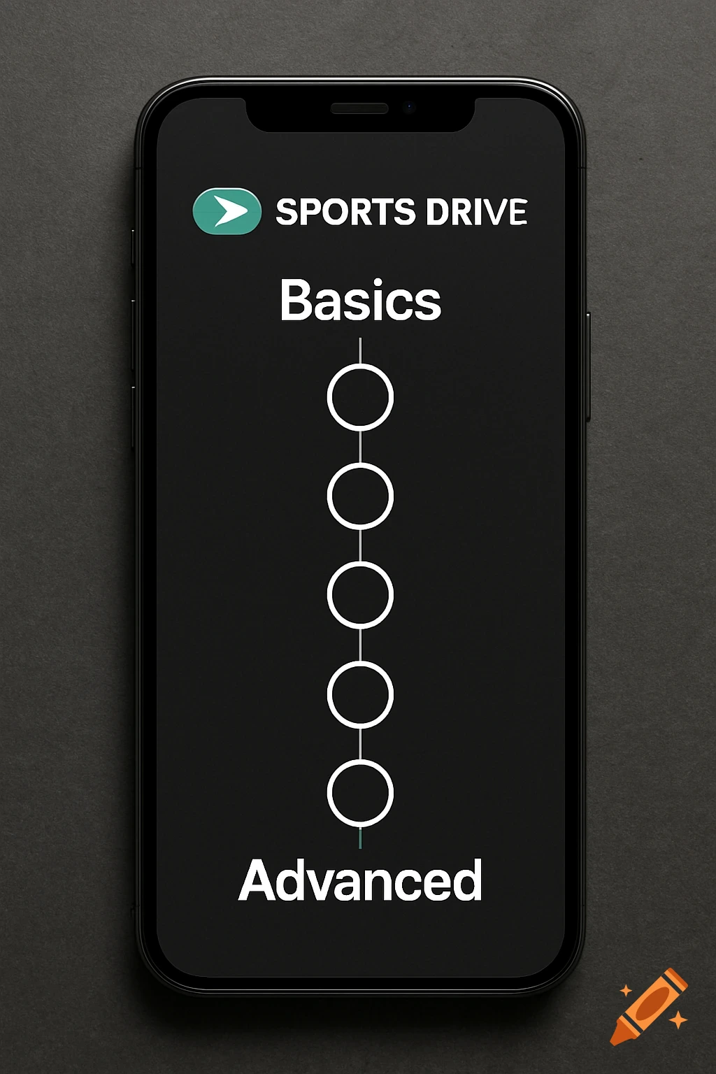 Smartphone screen displaying a sports app UI with 'SPORTS DRIVE', 'Basics', 'Advanced', and connected circles.