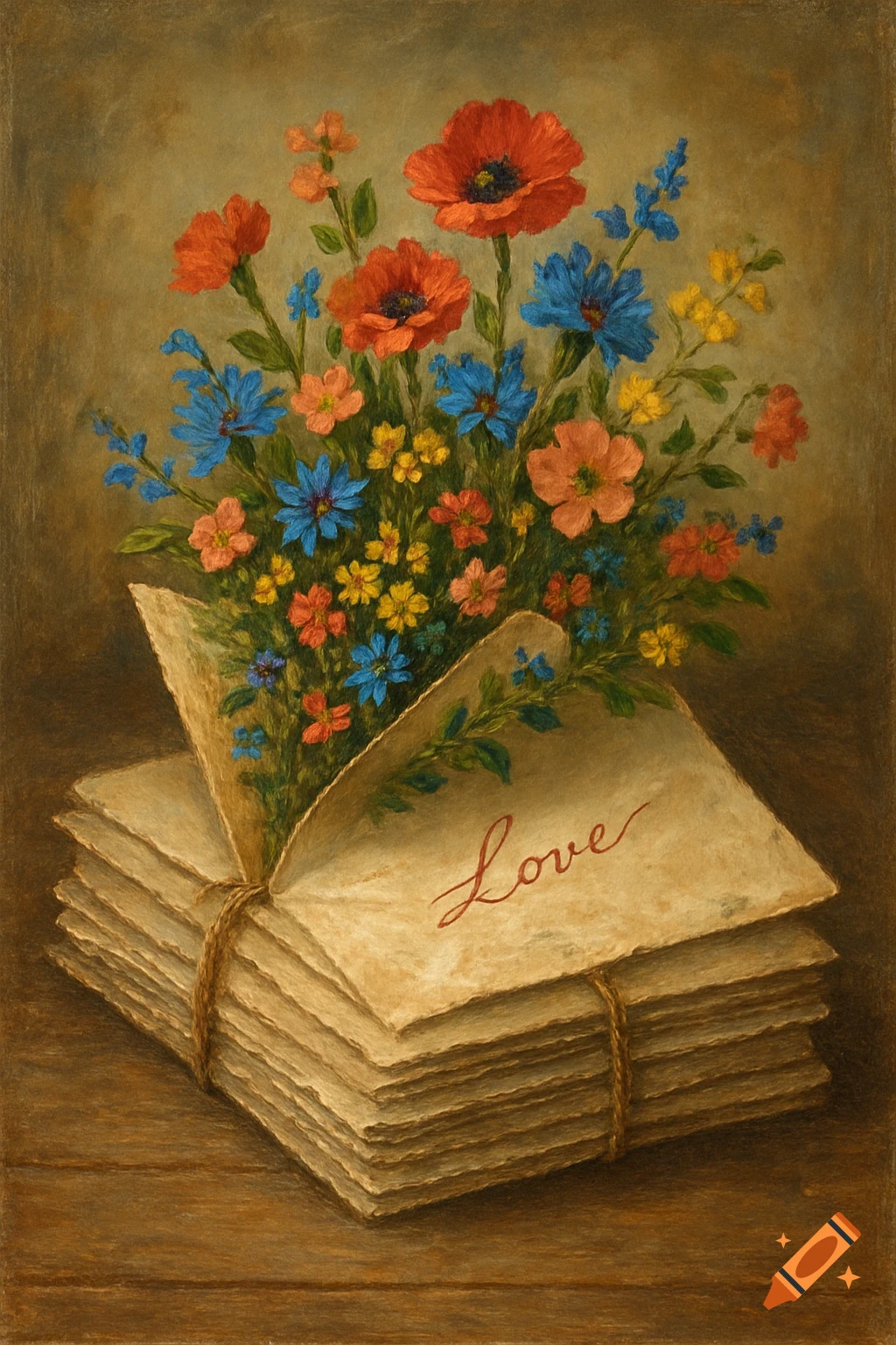 A stack of old letters tied with twine, with colorful flowers blooming out of the top one, in a painting style.