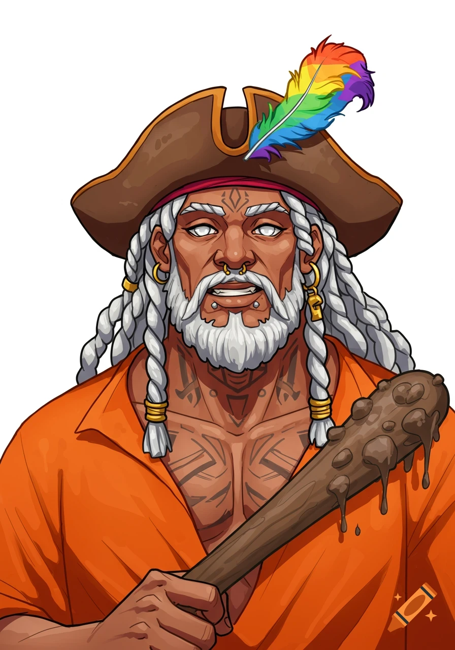 Cartoon portrait of a male pirate with white braids, beard, orange tunic, hat with rainbow feather, holding a muddy club.