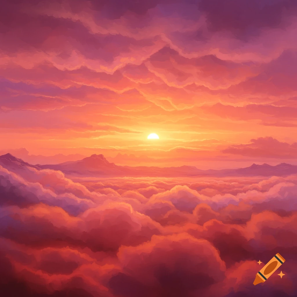 Vibrant sunset over clouds and mountains in red, orange, pink, and purple tones