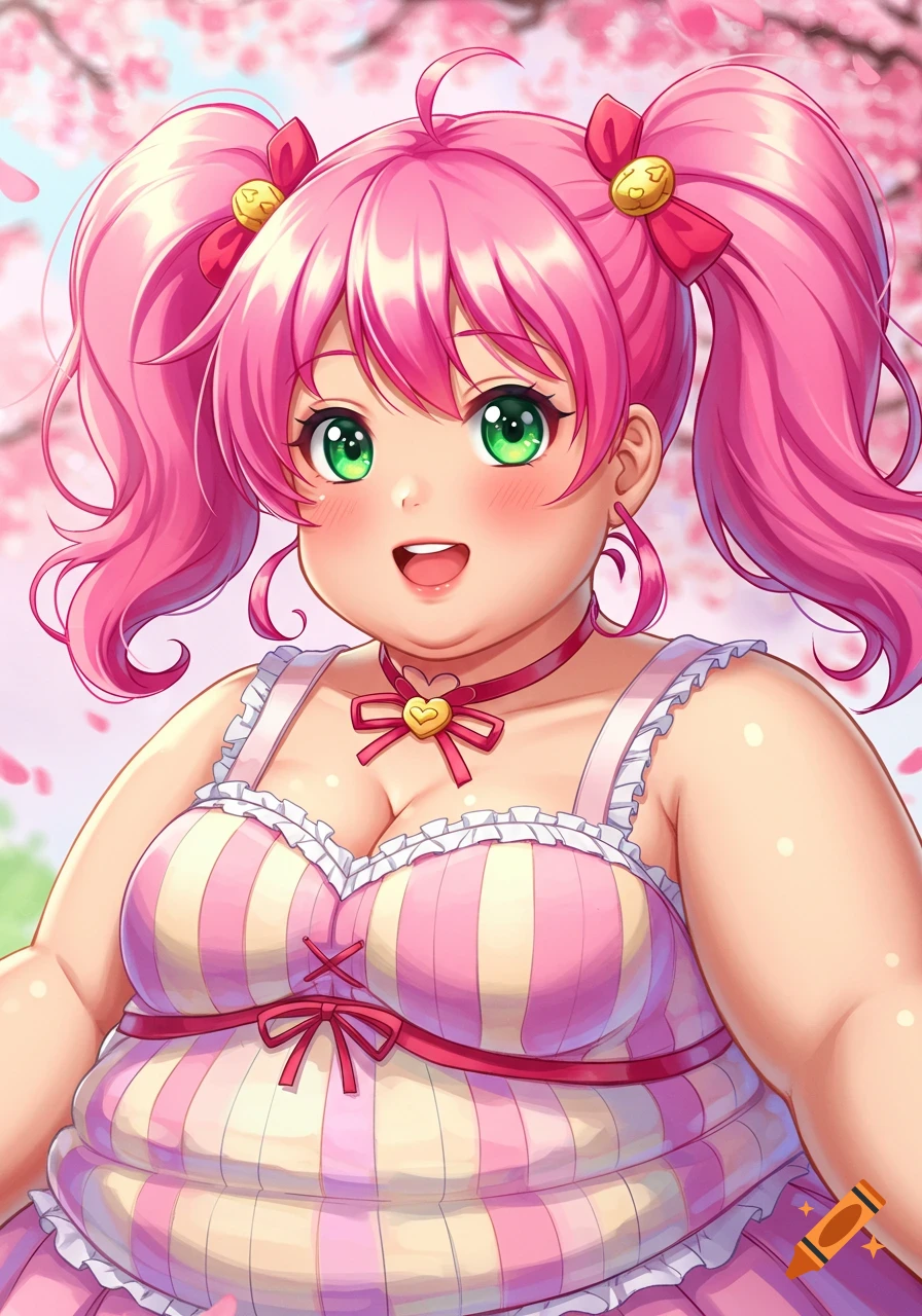 Anime girl with pink pigtails and green eyes in striped dress under cherry blossoms